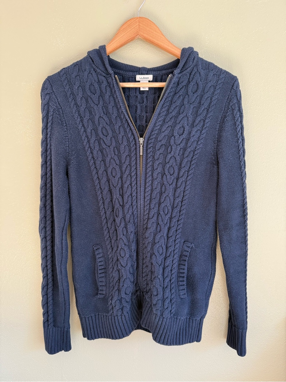 L.L. Bean Women’s Hooded Navy Cable-Knit Zip Cotton Sweater Size Small